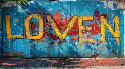Obraz premium Vibrant street art featuring the word 'Loven' on a colorful urban wall in a city neighborhood