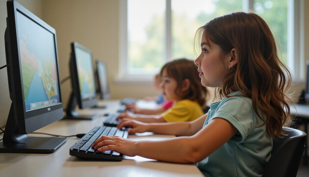 Focused first-grade students using computers in bright lab, educational growth