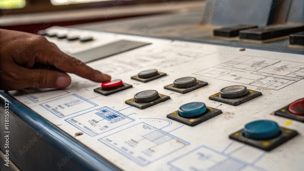 Aufkleber A macro shot of the control panel worn yet functional with buttons and levers showing signs of extensive use. A finger hovers over a button while the view reveals glossy blueprints