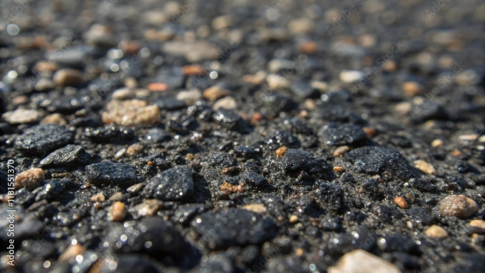 Poster a macro shot of the asphalt mixture itself revealing the shiny black grains and varying textures wit