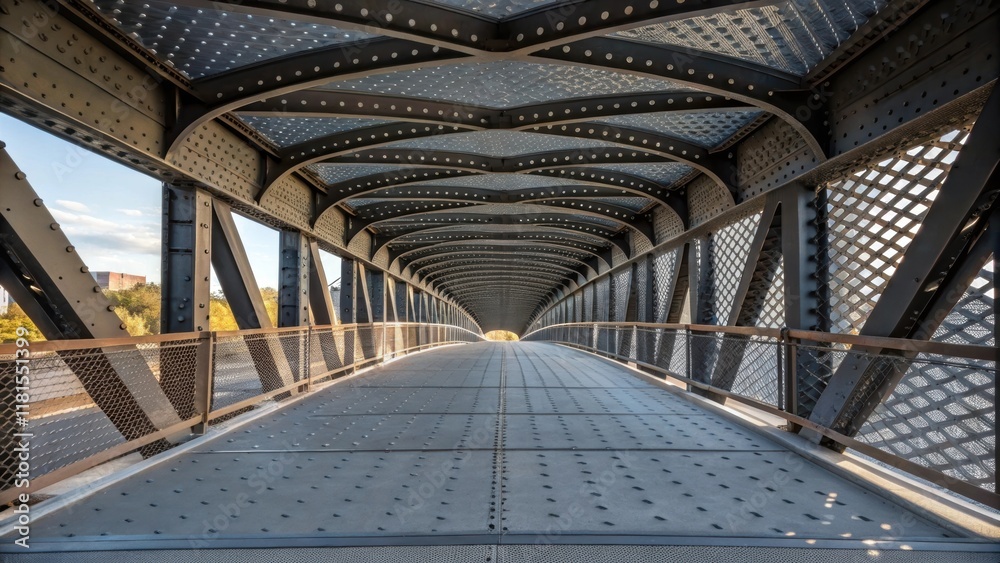 Aufkleber A macro shot of the bottom side of the pedestrian overpass revealing the intricate patterns formed by the steel plates as they curve gracefully supported by angular struts that