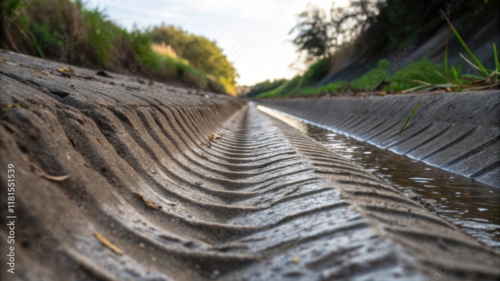 Poster a macro shot of the rugged surface of a drainage channel revealing intricate grooves and ridges engi
