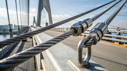 A macro shot of the lifting apparatus attached to a bridge deck panel showcasing the robust cables and hooks gripping the metal with precision. The tension in the ropes reflects