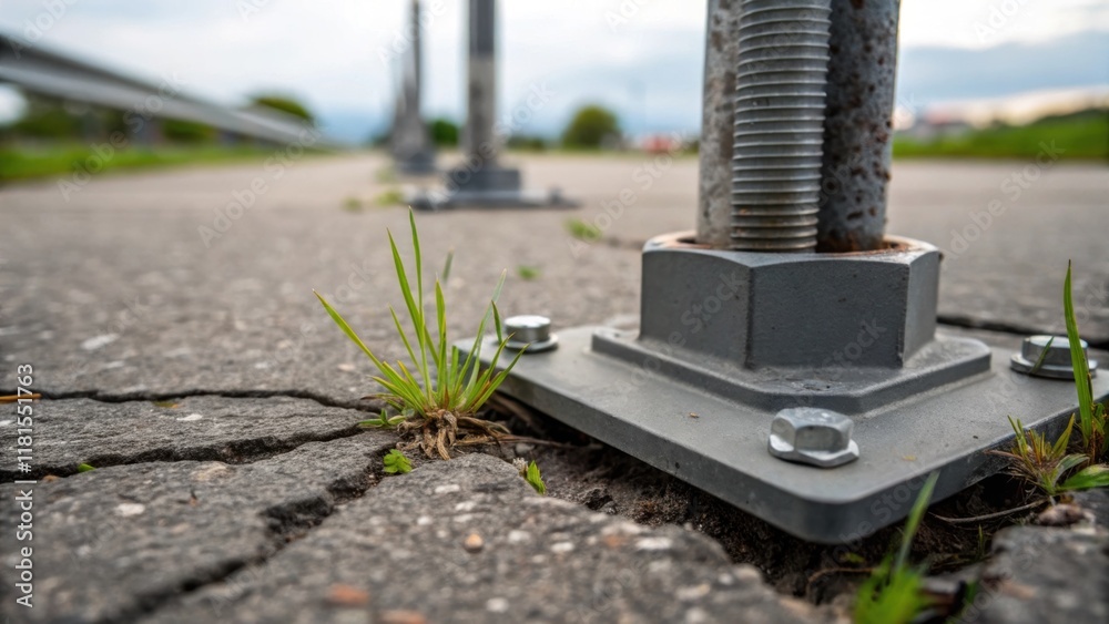 Aufkleber A macro view focusing on a single temporary support base highlighting the heavyduty bolts anchoring it to the ground. Cracks in the asphalt reflect the stress of the construction