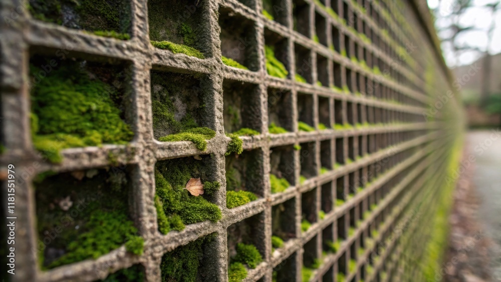 Poster a macro view of a weathered yet sy geogrid wall where sections have begun to show signs of moss grow
