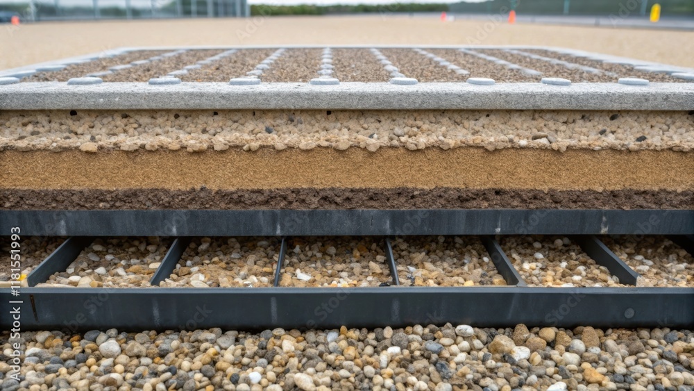 Aufkleber A macro view of the filtration system at the base of a water retention tank where layers of gravel and sand are visible designed to clean incoming rainwater. The careful