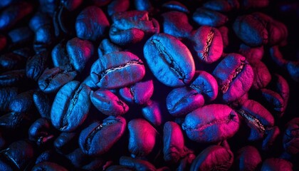 Vibrant neon coffee beans illuminated in shades of blue and pink create a stunning visual