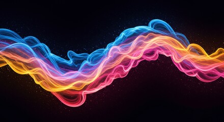 Fototapeta premium Abstract Energy Flow: A mesmerizing abstract design features a dynamic wave of vibrant pink, blue, and yellow energy flowing across a black background, creating a sense of movement and excitement.