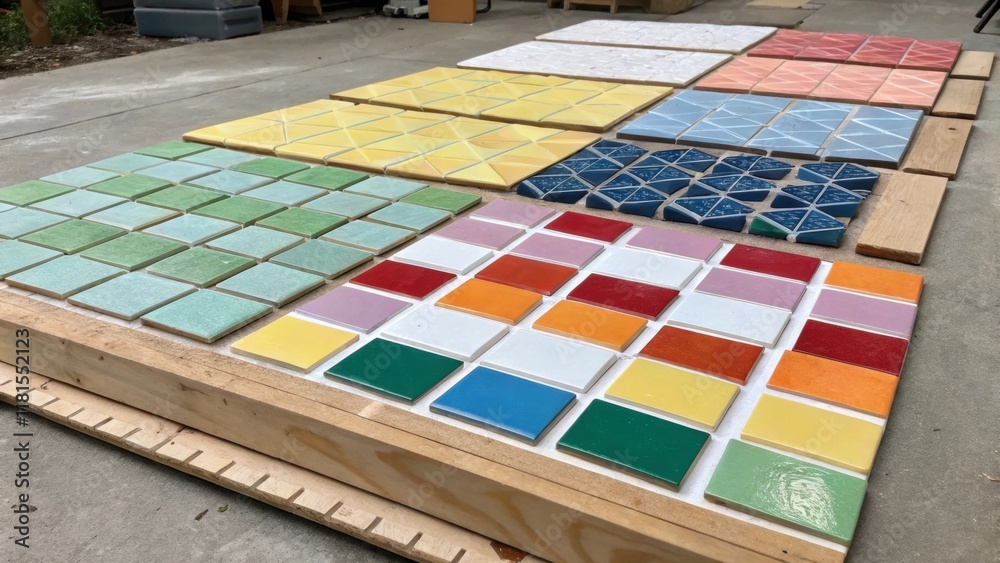 Poster A mosaic of tiles laid out on a temporary board highlights the artistic potential of the installation. Each tile showcases a unique color combination and shape creating a patchwork