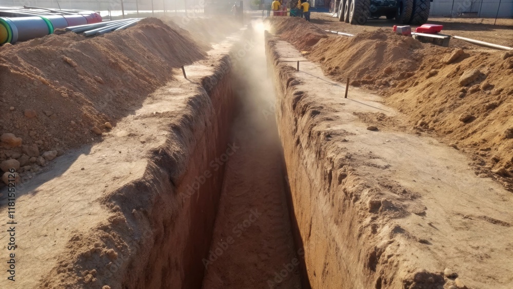 Poster A multiangle description of the deep trench that has been dug for conduit installation with a focus on the smooth rounded edges of the trench walls. Fine dust particles catch the
