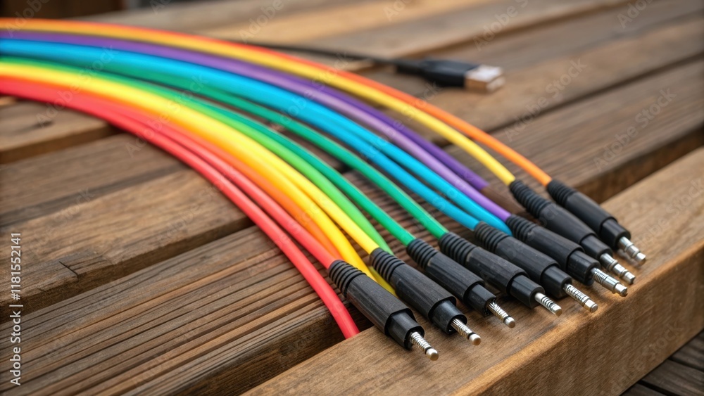 Poster An abstract closeup features a spread of fiber optic cables resting on a wooden platform each cable displaying a rainbow spectrum as they catch the light. The texture of the wood