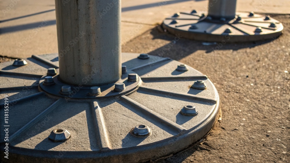 Aufkleber An abstract closeup featuring the circular bases of streetlight poles highlighting the patterns of bolts and the interplay of light and shadow around these foundational elements.