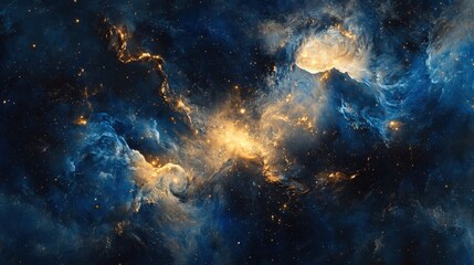 Obraz premium Majestic Cosmic Nebula with Swirling Clouds and Golden Light, Abstract Universe Background.