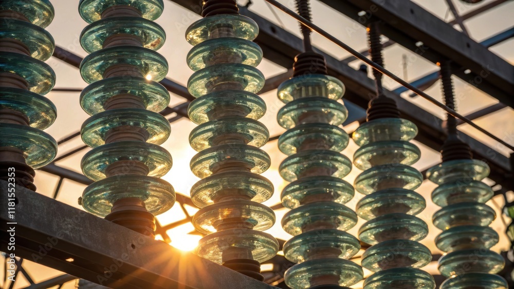 Poster An abstract perspective showcasing a tightly packed arrangement of glass insulators glistening under soft sunlight. The intricate patterns of the glass create a mesmerizing play of