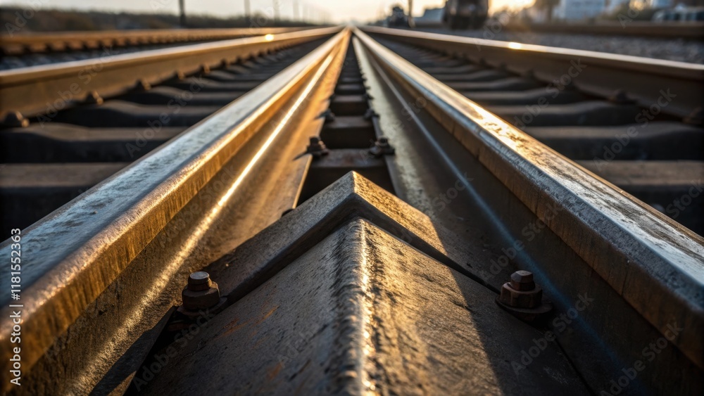 Aufkleber An abstract perspective of the rail joint emphasizing the interplay of light and shadow along the weld seam. The image captures the angular lines of the steel creating a geometric