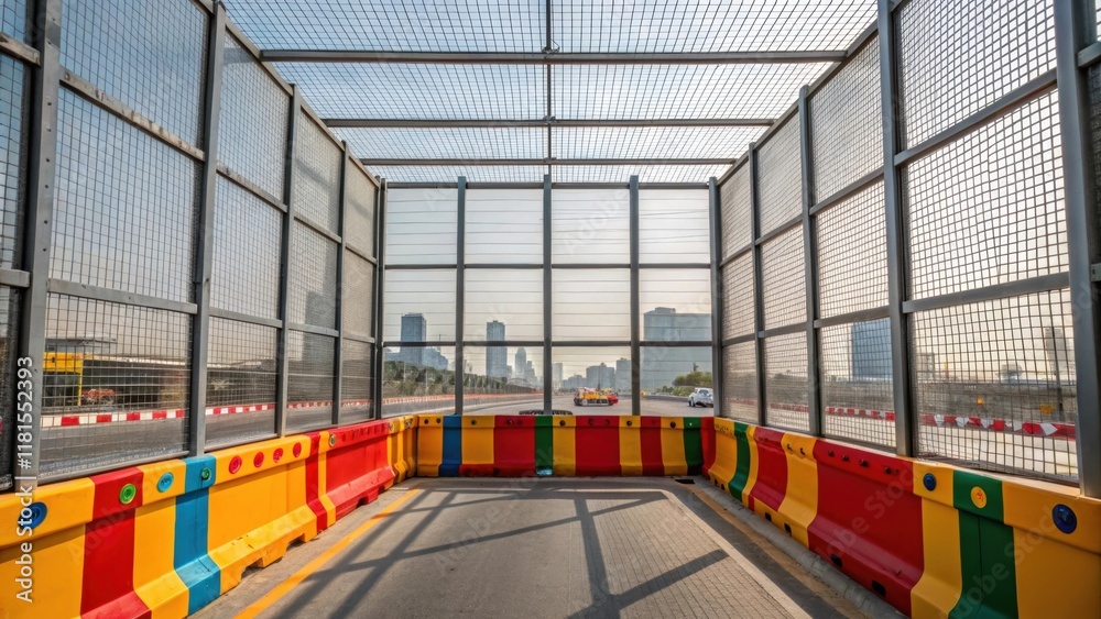 Aufkleber An abstract view through an open area of a modular noise barrier focusing on the structural grid pattern that supports the panels. The foreground reveals bright colors and