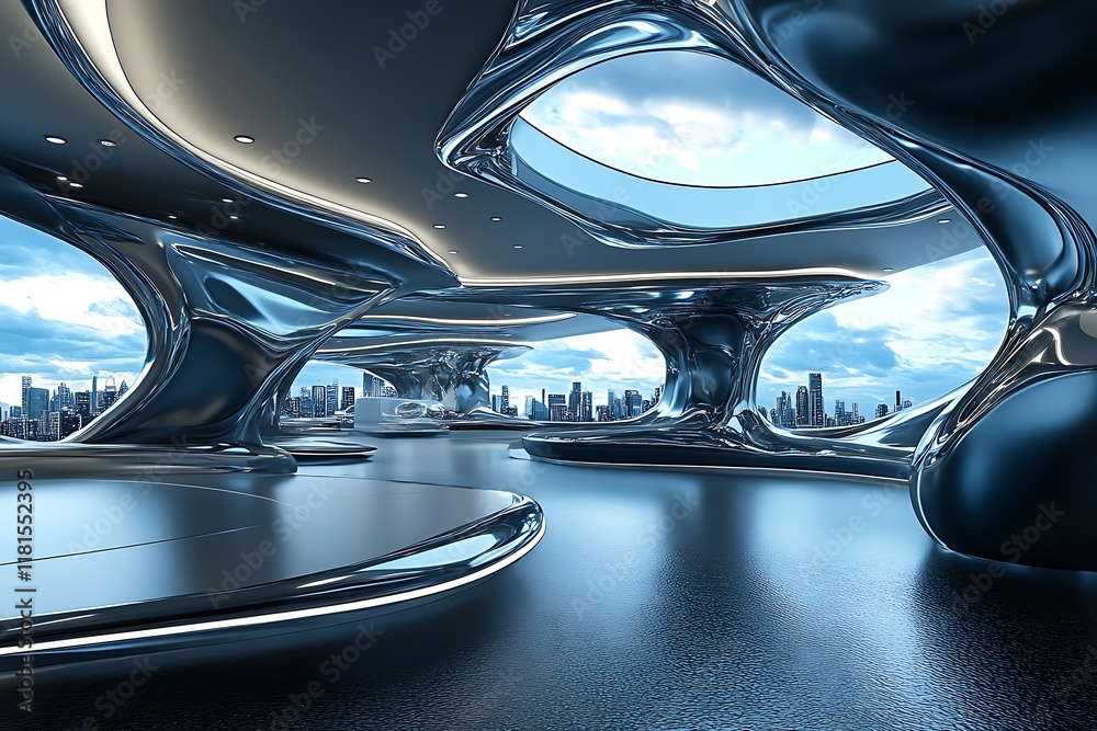 Poster futuristic cityscape and interior design with metallic and architectural elements : generative ai