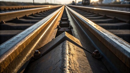 An abstract perspective of the rail joint emphasizing the interplay of light and shadow along the weld seam. The image captures the angular lines of the steel creating a geometric