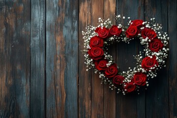 Romantic Heart-Shaped Arrangement of Red Roses Surrounded by Delicate Baby's Breath on a Rustic Wooden Background for Valentine's Day Decoration