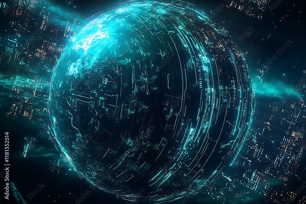 Poster Futuristic digital globe with neon cyber network technology and virtual reality : Generative AI