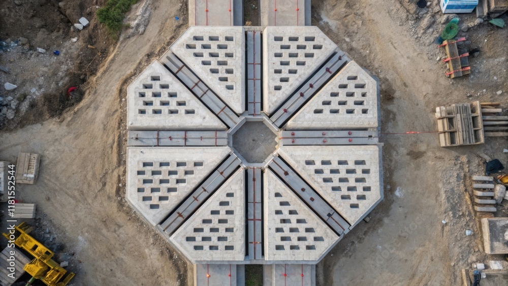 Aufkleber An aerial closeup focusing on the modular design of the precast segments revealing a gridlike pattern in their configuration as they are prepared for installation. The symmetry of