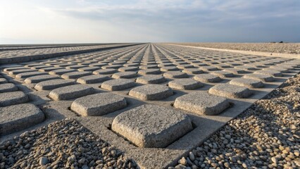 Fototapeta premium An aerial macro shot of a neatly organized gravel base emphasizing the geometric pattern created by the uniform layers of rounded gravel that create a stable foundation with