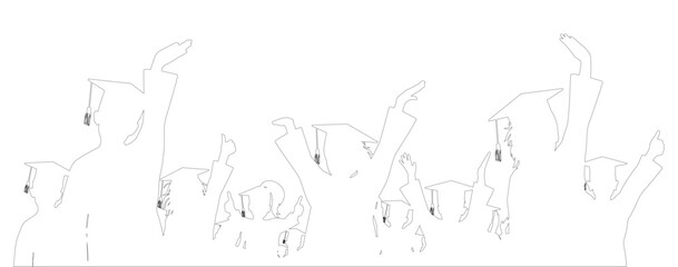 Contour of crowd of graduate students in square academic caps. Cheerful children silhouette. Graduation ceremony. Vector  illustration.