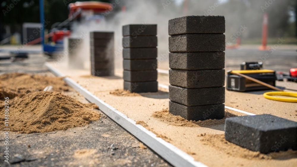 Poster An angled closeup displaying a of asphalt cores some stacked slightly askew showcasing the contrast between their dark surfaces and the light soil beneath. Dust particles are