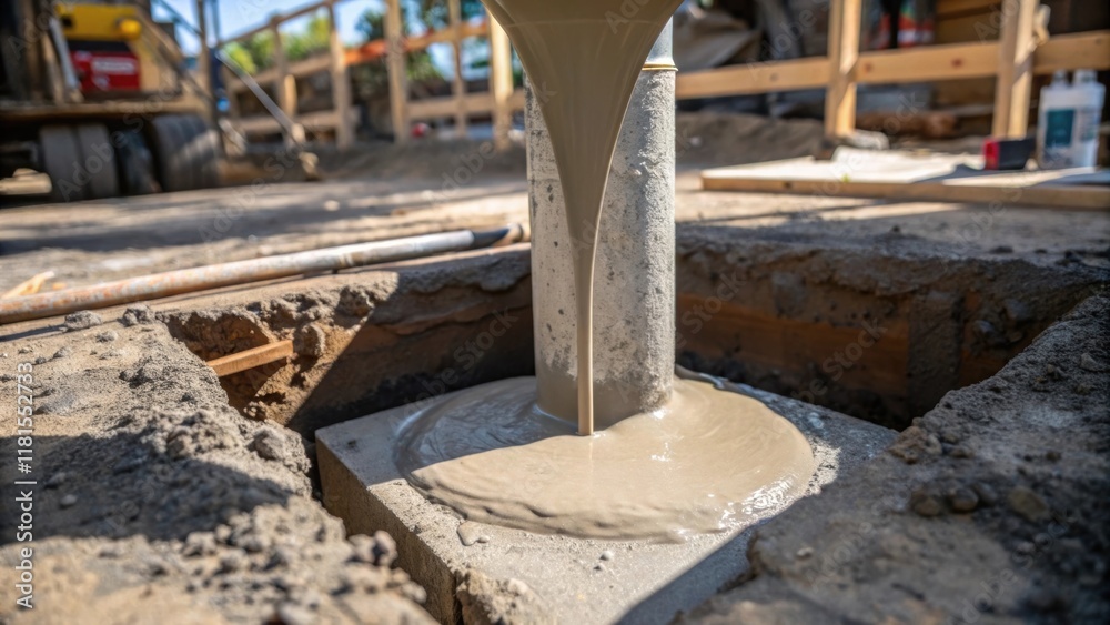 Poster An angled closeup capturing a freshly poured concrete mixture cascading into the drilled cavity of a foundation pile with a playful interplay of shadows and light. The concrete is