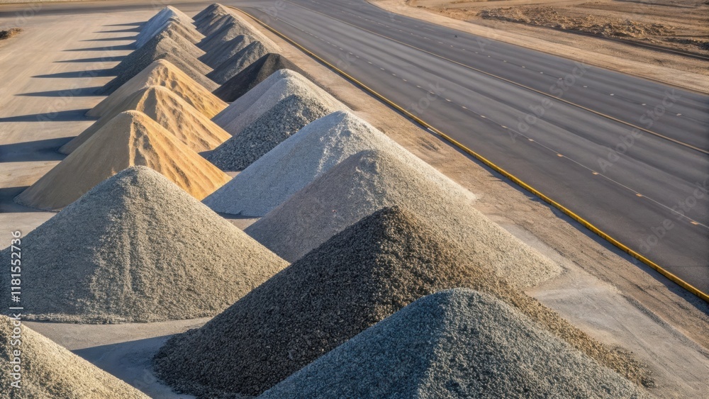Poster An aerial view showcasing a series of meticulously stacked gravel piles their rugged edges creating sharp contrast against the smooth freshly laid roadbed. The varying shades of