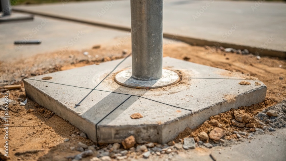 Aufkleber An angled closeup that reveals the junction where a circular metal pole meets a solid concrete base. The foundation is marked with deliberate trowel lines while sawdust and scraps