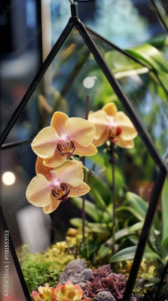 Poster vibrant future dusk orchids display their unique colors and delicate patterns, thriving in a beautif