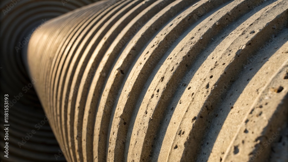 Poster an angle focusing on the spiral patterns formed by the concrete texture on a pipes exterior magnifie
