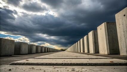 An angled view emphasizes the scale of the precast concrete footings as they stretch into the distance. The cloudy sky looms overhead creating dramatic lighting that accentuates