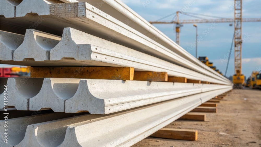 Aufkleber An angle view focuses on the ends of several stacked precast viaduct beams capturing the uniformity in their design. The edges display a pristine finish with contrasting rough s