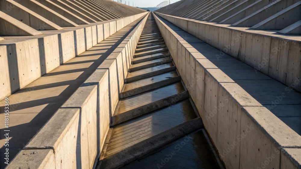 Fototapete An angular perspective emphasizes the linear arrangement of concrete drainage channels with each channel fading into the distance. Shadows stretch along the surfaces creating a