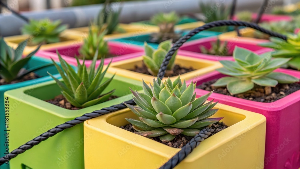 Poster An array of colorful modular planters interspersed with lowmaintenance succulents each equipped with mini drip irrigators. The closeup captures the rich textures of the plant