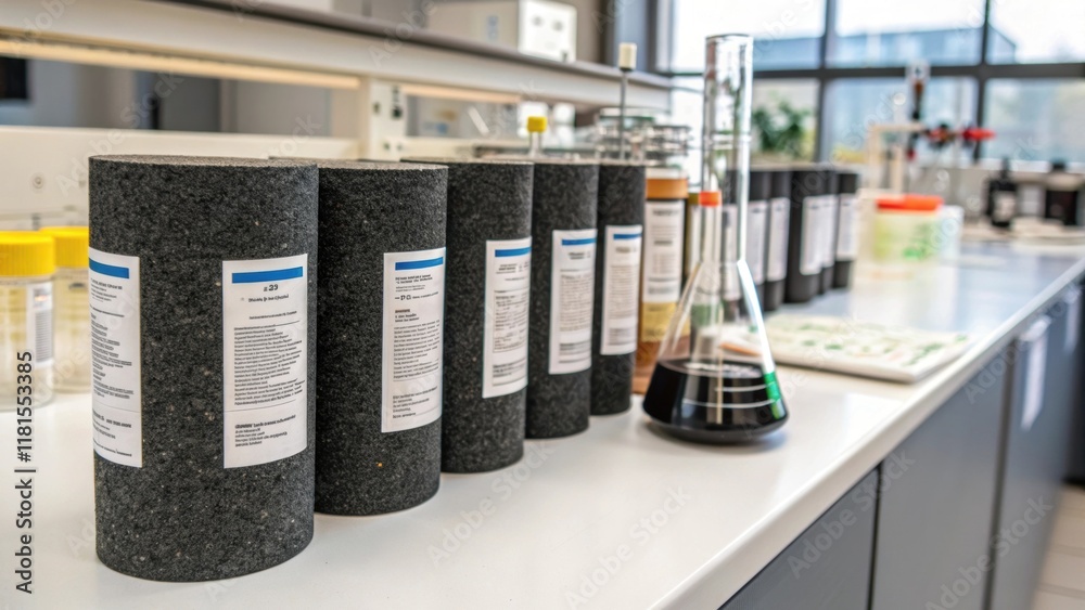 Poster an arrangement of asphalt cores set against a backdrop of lab equipment with detailed labels affixed