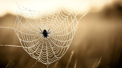 Spiderweb Glimmering Under Gentle Morning Sunlight, Close up Monochrome High Resolution Image