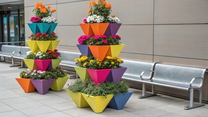 An array of colorful geometric planters filled with blooming flowers sits next to modern metal benches. The planters appear to be purposefully stacked creating a dynamic visual