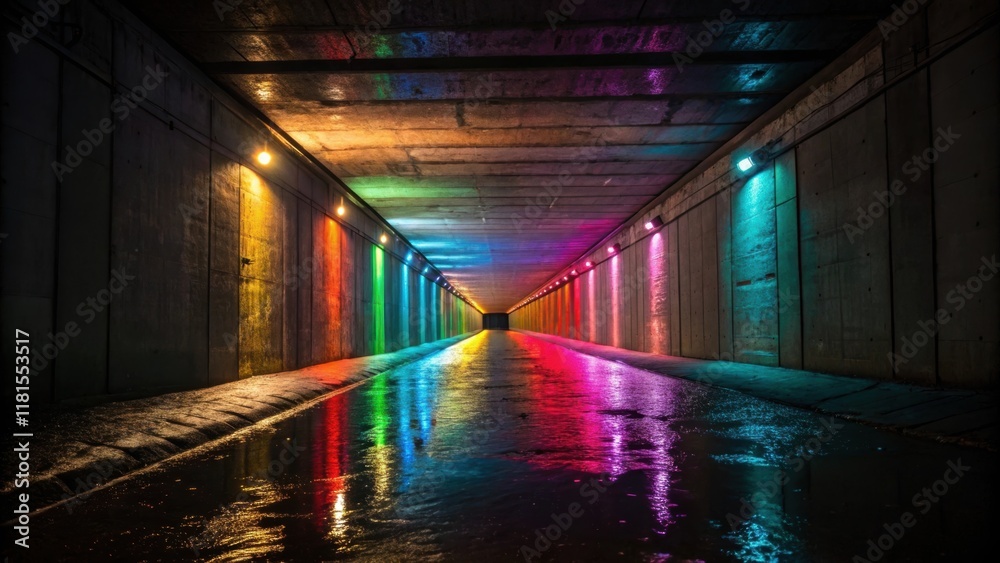 Poster A narrow beam of multicolored lights shining down from the tunnels entrance streaking through the otherwise dark space like a rainbow. The vibrant colors reflect off the wet