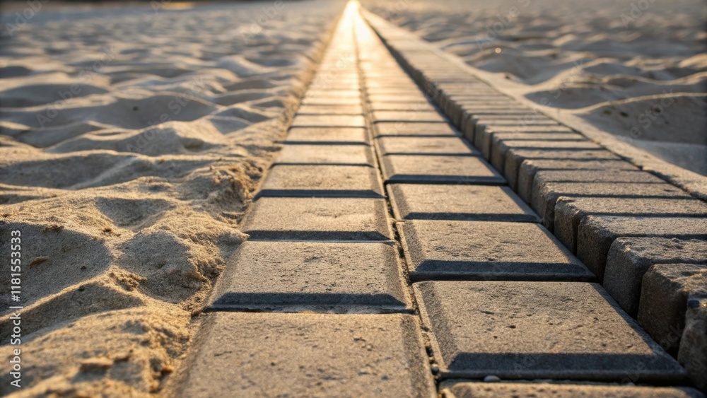 Poster A narrow perspective showcasing a row of paving stones in the process of being aligned with gaps meticulously filled with sand. The shifting sunlight creates a dynamic interplay of