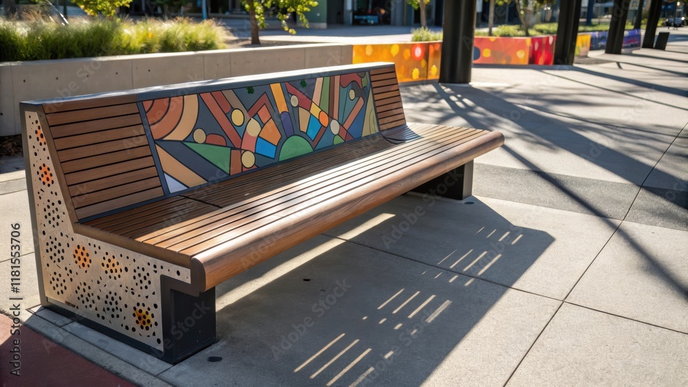 Poster An artistic angle capturing the interplay of light and shadow on a modular park bench built with recycled composite materials. The benchs surface has a visually striking pattern