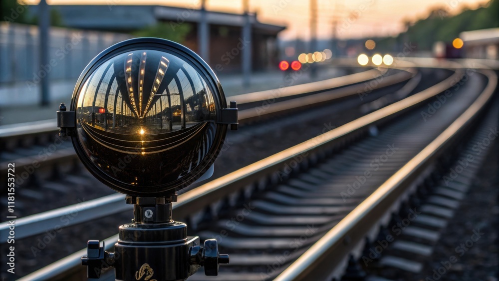 Poster An artistic angle capturing reflections in the polished surface of a signal light with a backdrop of blurred rail tracks. The interplay of light and shadow creates an abstract