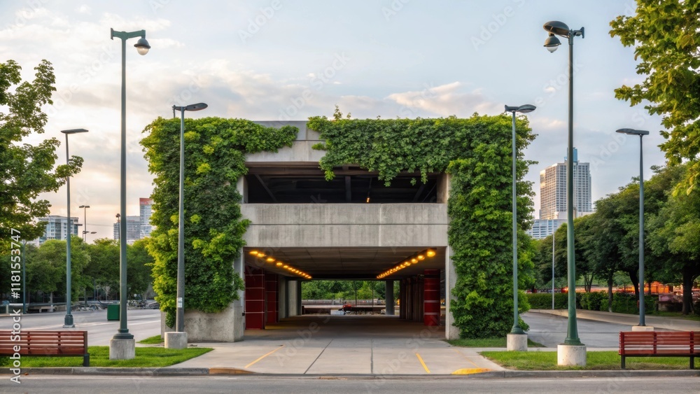 Poster An artistic angle captures the angular facade of a modular parking structure framed by lush greenery and urban elements like street lamps and benches. The juxtaposition of the