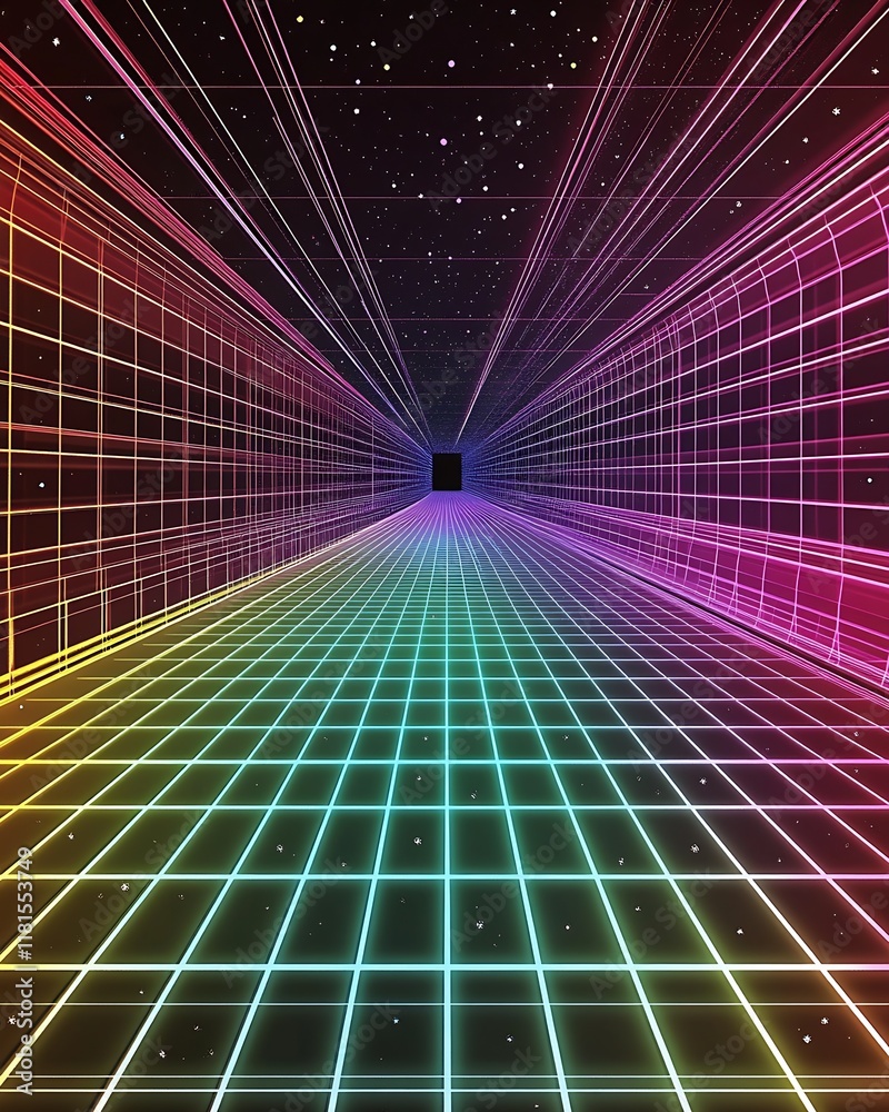 Poster futuristic neon grid tunnel with starry sky and perspective depth 80s inspired : generative ai