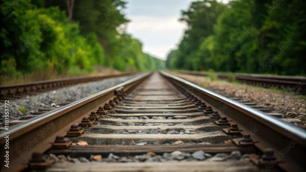 Poster An artistic angle highlighting the alignment of rail tracks as they stretch into the distance surrounded by a blurred backdrop of green foliage. The closeup captures the jointers