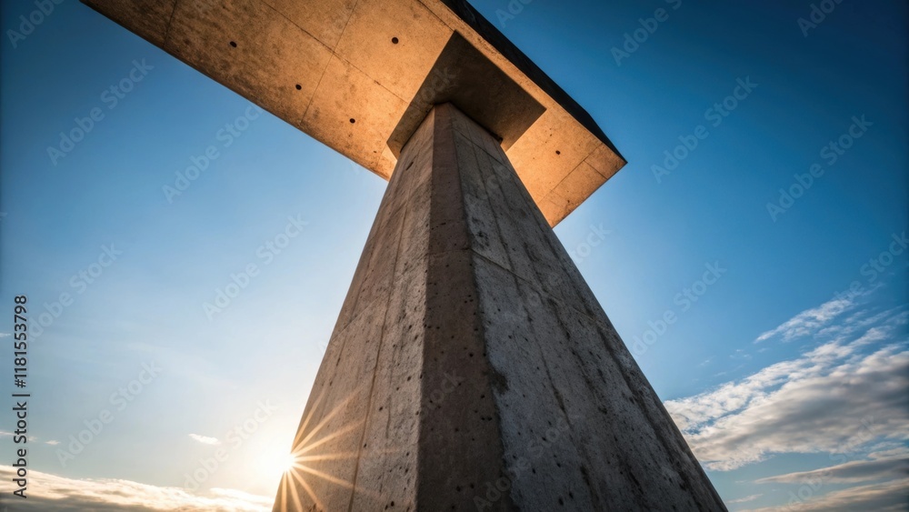 Poster an artistic angle focusing on the silhouette of a precast concrete column against a clear blue sky w