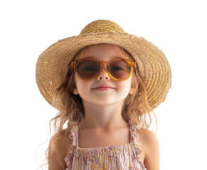 Smiling girl wearing a straw hat and sunglasses, stylish summer look for kids, cute fashion portrait with blonde hair isolated on transparent background