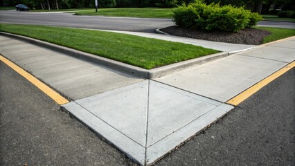 Obraz premium An artistic angle focusing on the intersection of two precast concrete medians where their paths meet to form a sy corner. The juxtaposition of sharp angles and clean lines creates